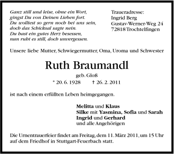 Traueranzeige von Ruth Braumandl von Stuttgarter Zeitung / Stuttgarter Nachrichten
