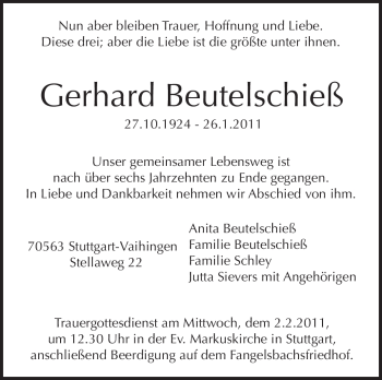 Traueranzeige von Gerhard Beutelschieß von Stuttgarter Zeitung / Stuttgarter Nachrichten