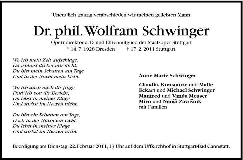 Traueranzeige für Wolfram Schwinger vom 19.02.2011 aus Stuttgarter Zeitung / Stuttgarter Nachrichten