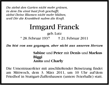 Traueranzeige von Irmgard Franek von Stuttgarter Zeitung / Stuttgarter Nachrichten