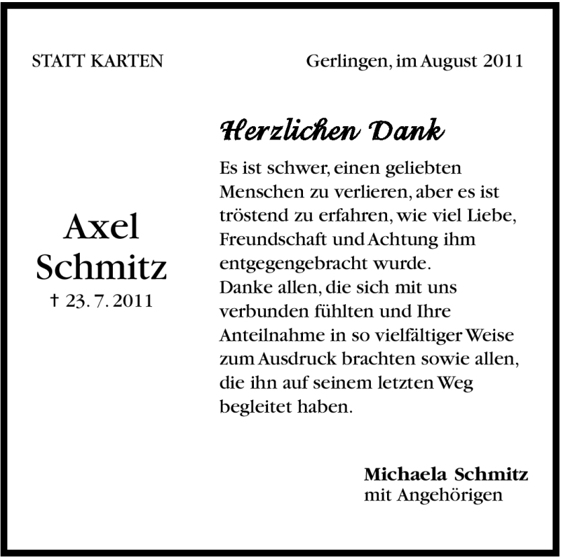  Traueranzeige für Axel Schmitz vom 11.08.2011 aus Leonberger Kreiszeitung / Strohgäu Extra