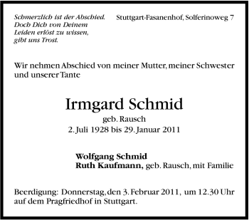 Traueranzeige von Irmgard Schmid von Stuttgarter Zeitung / Stuttgarter Nachrichten