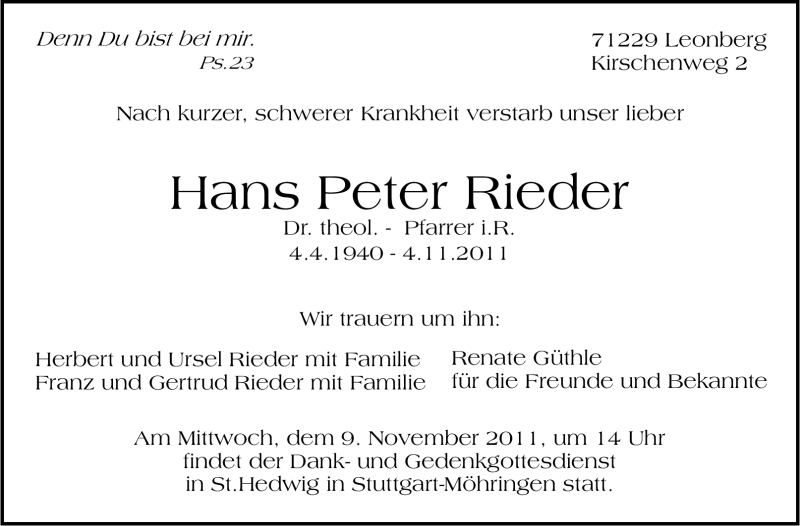  Traueranzeige für Hans Peter Rieder vom 07.11.2011 aus Leonberger Kreiszeitung / Strohgäu Extra