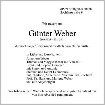 Traueranzeige von Günter Weber von Stuttgarter Zeitung / Stuttgarter Nachrichten