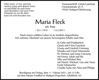 Traueranzeige von Maria Fleck von Stuttgarter Zeitung / Stuttgarter Nachrichten
