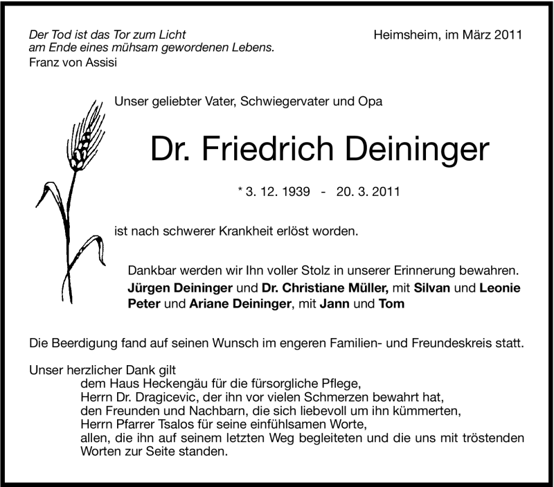  Traueranzeige für Friedrich Deininger vom 29.03.2011 aus Leonberger Kreiszeitung / Strohgäu Extra