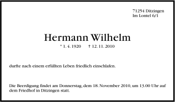 Traueranzeige von Wilhelm Hermann von Leonberger Kreiszeitung / Strohgäu Extra