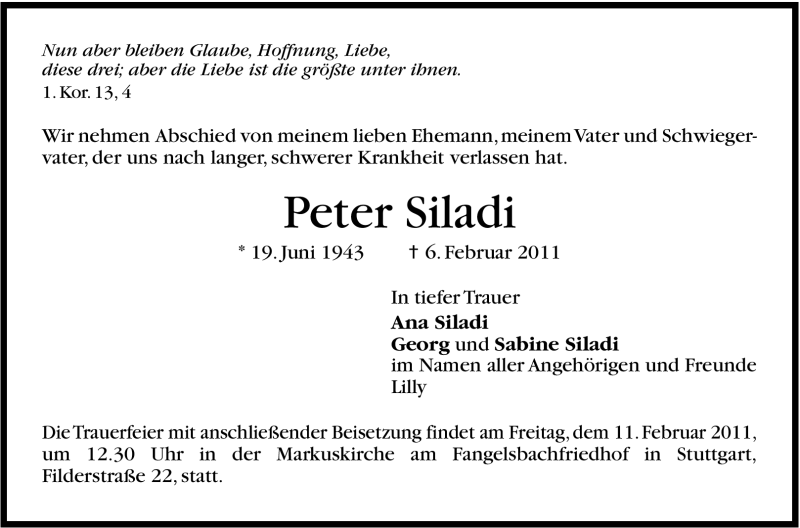  Traueranzeige für Peter Siladi vom 09.02.2011 aus Stuttgarter Zeitung / Stuttgarter Nachrichten
