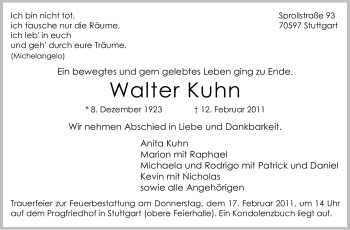 Traueranzeige von Walter Kuhn von Stuttgarter Zeitung / Stuttgarter Nachrichten