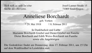 Traueranzeige von Anneliese Borchardt von Stuttgarter Zeitung / Stuttgarter Nachrichten