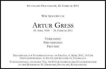 Traueranzeige von Artur Gress von Stuttgarter Zeitung / Stuttgarter Nachrichten