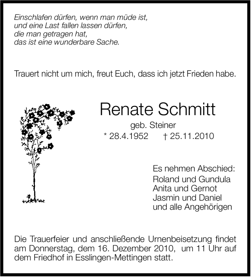  Traueranzeige für Renate Schmitt vom 11.12.2010 aus Stuttgarter Zeitung / Stuttgarter Nachrichten