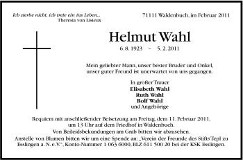Traueranzeige von Helmut Wahl von Stuttgarter Zeitung / Stuttgarter Nachrichten