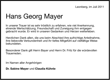 Traueranzeige von Hans Georg Mayer von Leonberger Kreiszeitung / Strohgäu Extra