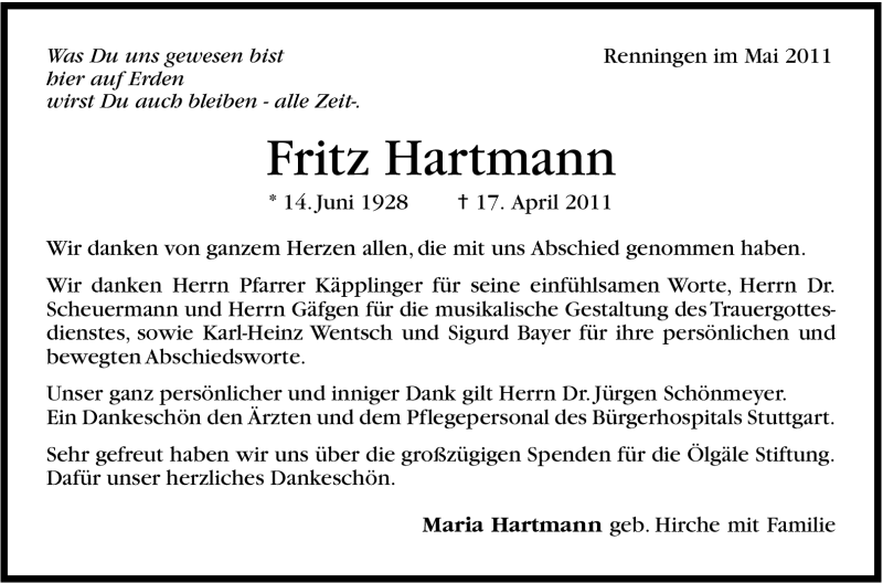  Traueranzeige für Fritz Hartmann vom 05.05.2011 aus Leonberger Kreiszeitung / Strohgäu Extra