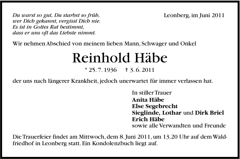  Traueranzeige für Reinhold Häbe vom 06.06.2011 aus Leonberger Kreiszeitung / Strohgäu Extra