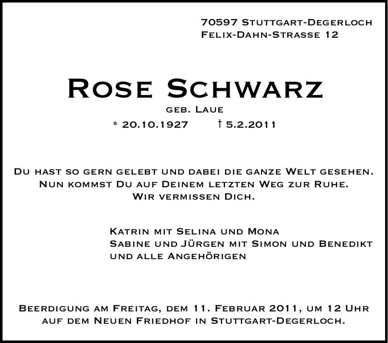  Traueranzeige für Rose Schwarz vom 08.02.2011 aus Stuttgarter Zeitung / Stuttgarter Nachrichten