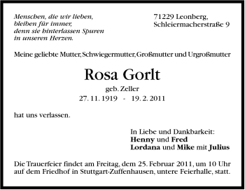 Traueranzeige von Rosa Gorlt von Stuttgarter Zeitung / Stuttgarter Nachrichten