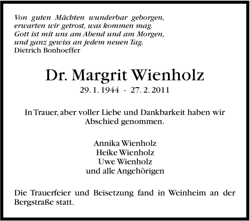  Traueranzeige für Margrit Wienholz vom 19.03.2011 aus Stuttgarter Zeitung / Stuttgarter Nachrichten