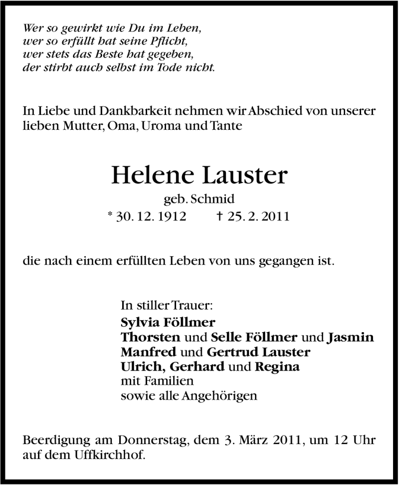  Traueranzeige für Helene Lauster vom 01.03.2011 aus Stuttgarter Zeitung / Stuttgarter Nachrichten