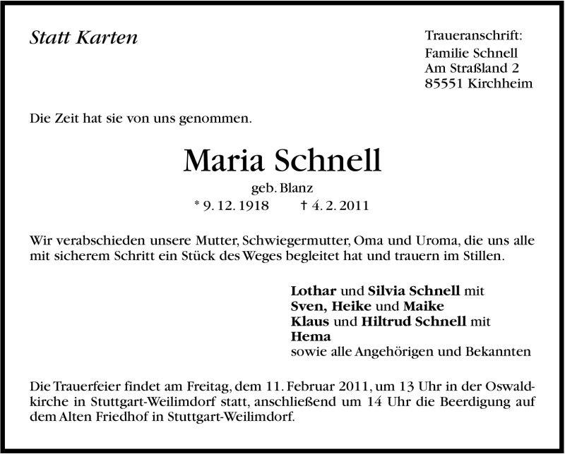  Traueranzeige für Maria Schnell vom 09.02.2011 aus Stuttgarter Zeitung / Stuttgarter Nachrichten