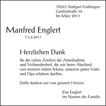 Traueranzeige von Manfred Englert von Stuttgarter Zeitung / Stuttgarter Nachrichten
