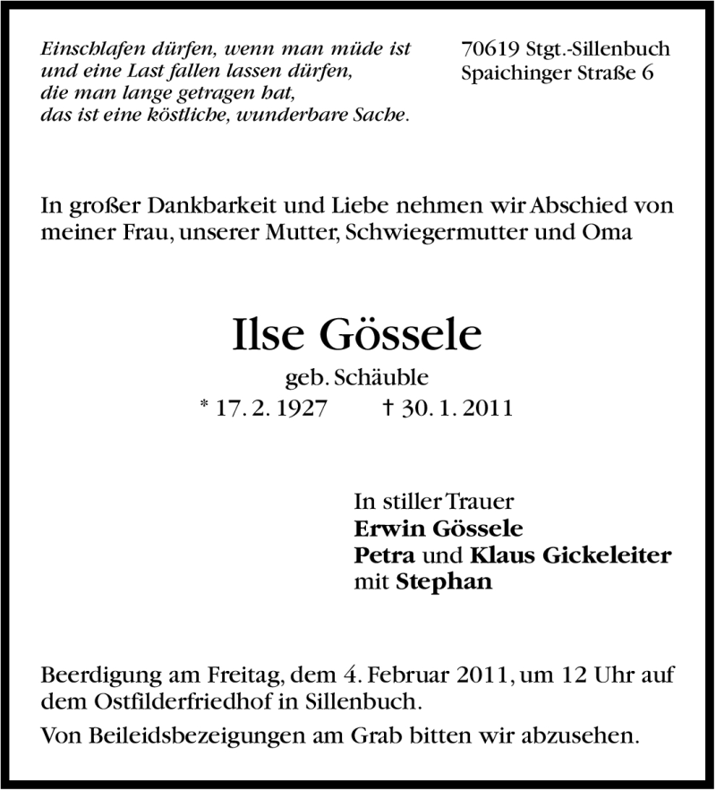  Traueranzeige für Ilse Gössele vom 01.02.2011 aus Stuttgarter Zeitung / Stuttgarter Nachrichten