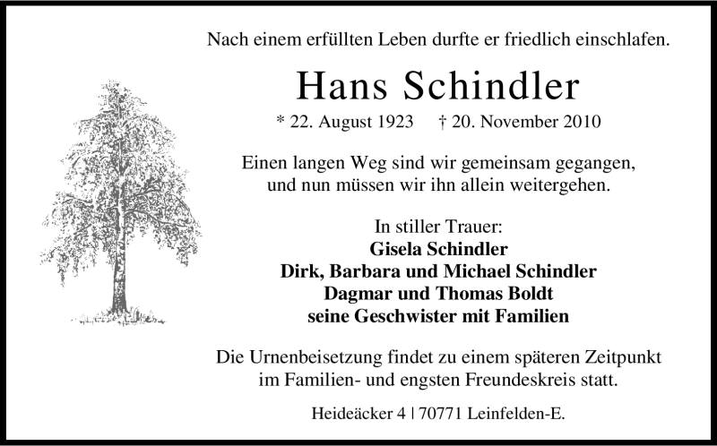  Traueranzeige für Hans Schindler vom 23.11.2010 aus Stuttgarter Zeitung / Stuttgarter Nachrichten