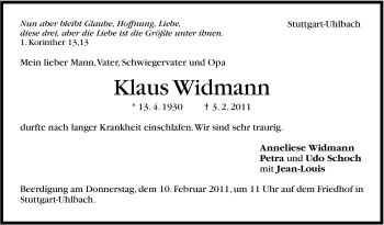 Traueranzeige von Klaus Widmann von Stuttgarter Zeitung / Stuttgarter Nachrichten