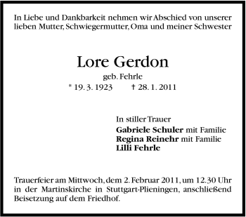 Traueranzeige von Lore Gerdon von Stuttgarter Zeitung / Stuttgarter Nachrichten