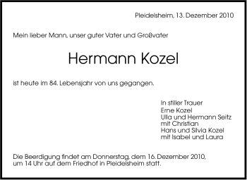 Traueranzeige von Hermann Kozel von Marbacher Zeitung