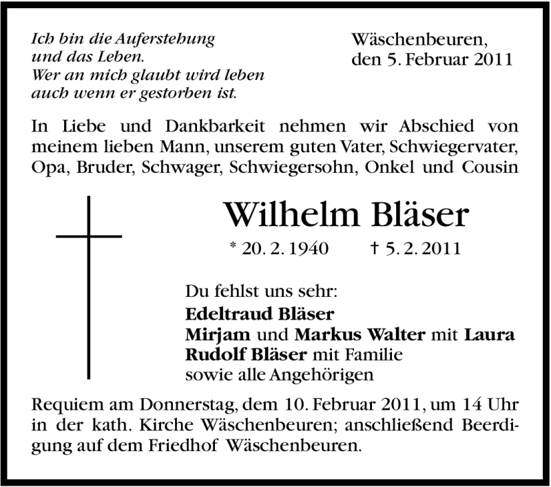  Traueranzeige für Wilhelm Bläser vom 08.02.2011 aus Stuttgarter Zeitung / Stuttgarter Nachrichten