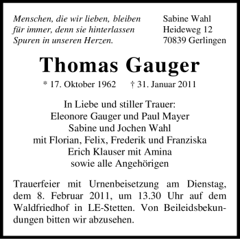 Traueranzeige von Thomas Gauger von Stuttgarter Zeitung / Stuttgarter Nachrichten