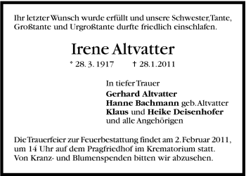Traueranzeige von Irene Altvatter von Stuttgarter Zeitung / Stuttgarter Nachrichten