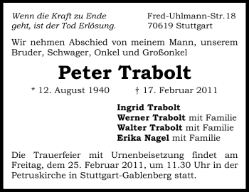 Traueranzeige von Peter Trabolt von Stuttgarter Zeitung / Stuttgarter Nachrichten