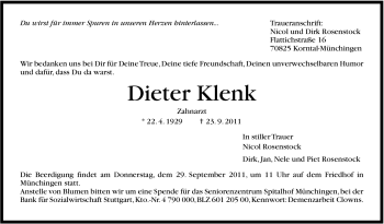 Traueranzeige von Dieter Klenk von Leonberger Kreiszeitung / Strohgäu Extra