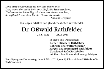Traueranzeige von Oßwald Rathfelder von Stuttgarter Zeitung / Stuttgarter Nachrichten