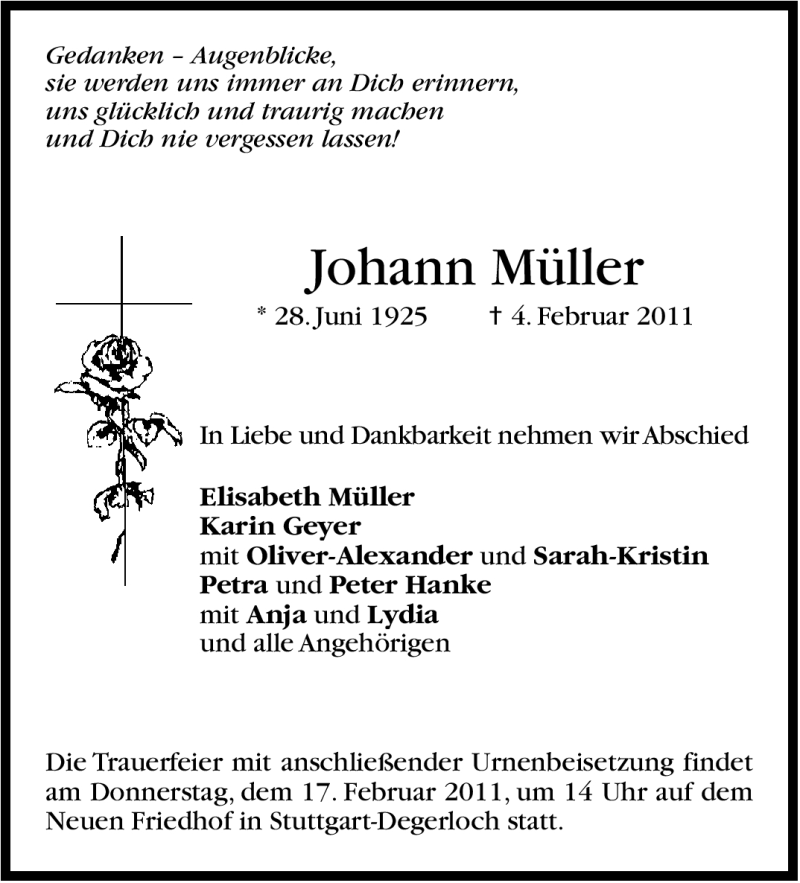  Traueranzeige für Johann Müller vom 12.02.2011 aus Stuttgarter Zeitung / Stuttgarter Nachrichten