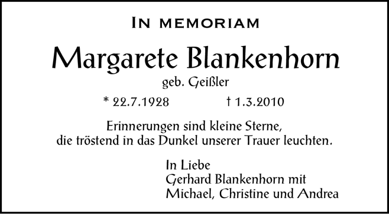  Traueranzeige für Margarete Blankenhorn vom 01.03.2011 aus Stuttgarter Zeitung / Stuttgarter Nachrichten