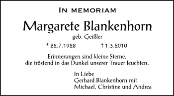 Traueranzeige von Margarete Blankenhorn von Stuttgarter Zeitung / Stuttgarter Nachrichten