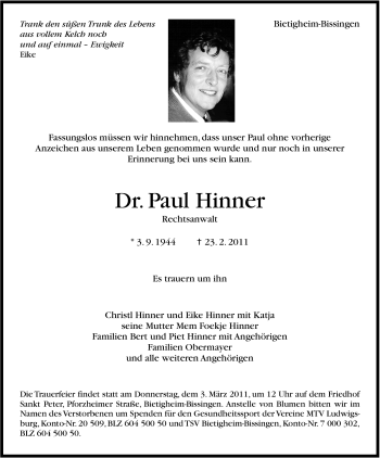 Traueranzeige von Paul Hinner von Stuttgarter Zeitung / Stuttgarter Nachrichten