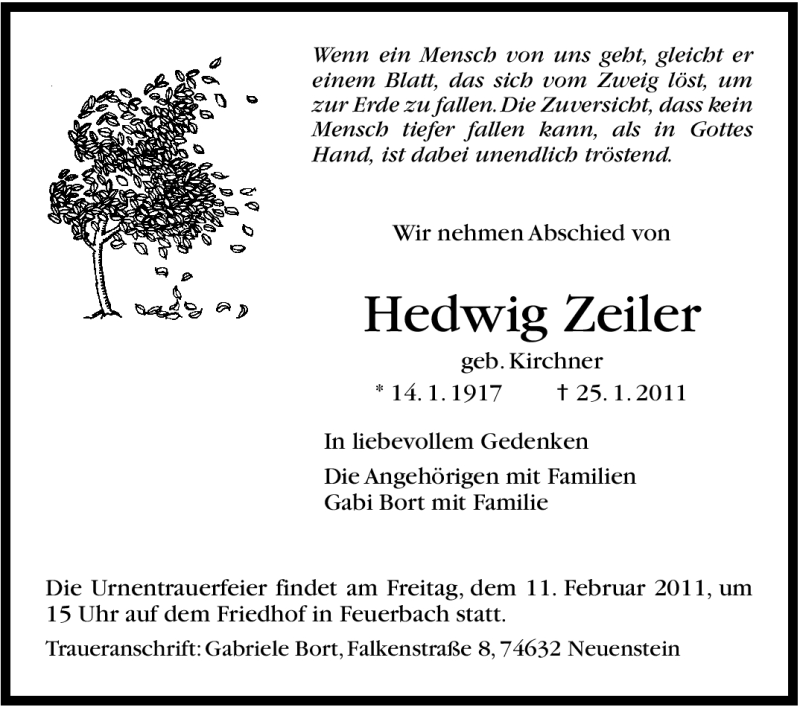  Traueranzeige für Hedwig Zeiler vom 04.02.2011 aus Stuttgarter Zeitung / Stuttgarter Nachrichten
