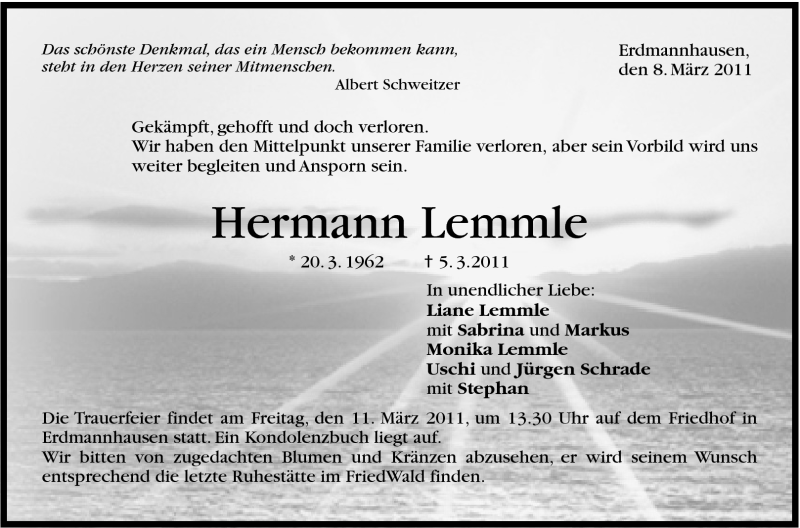  Traueranzeige für Hermann Lemmle vom 08.03.2011 aus Marbacher Zeitung