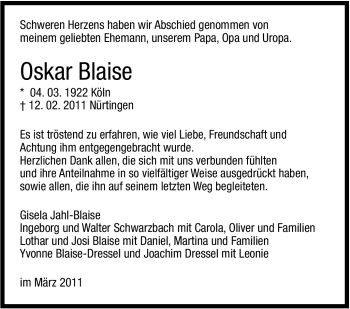 Traueranzeige von Oskar Blaise von Stuttgarter Zeitung / Stuttgarter Nachrichten