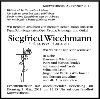 Traueranzeige von Siegfried Wiechmann von Stuttgarter Zeitung / Stuttgarter Nachrichten