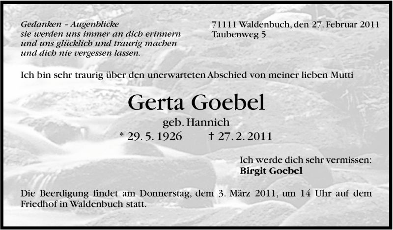  Traueranzeige für Gerta Goebel vom 01.03.2011 aus Stuttgarter Zeitung / Stuttgarter Nachrichten