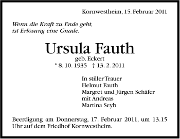 Traueranzeige von Ursula Fauth von Stuttgarter Zeitung / Stuttgarter Nachrichten