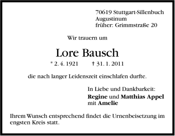 Traueranzeige von Lore Bausch von Stuttgarter Zeitung / Stuttgarter Nachrichten