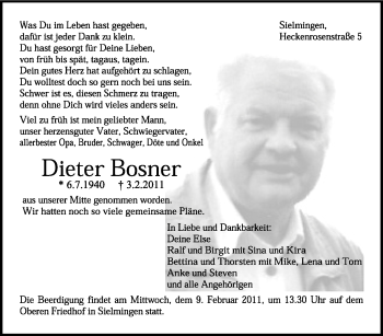 Traueranzeige von Dieter Bosner von Stuttgarter Zeitung / Stuttgarter Nachrichten