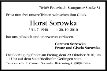 Traueranzeige von Horst Sorowka von Leonberger Kreiszeitung / Strohgäu Extra